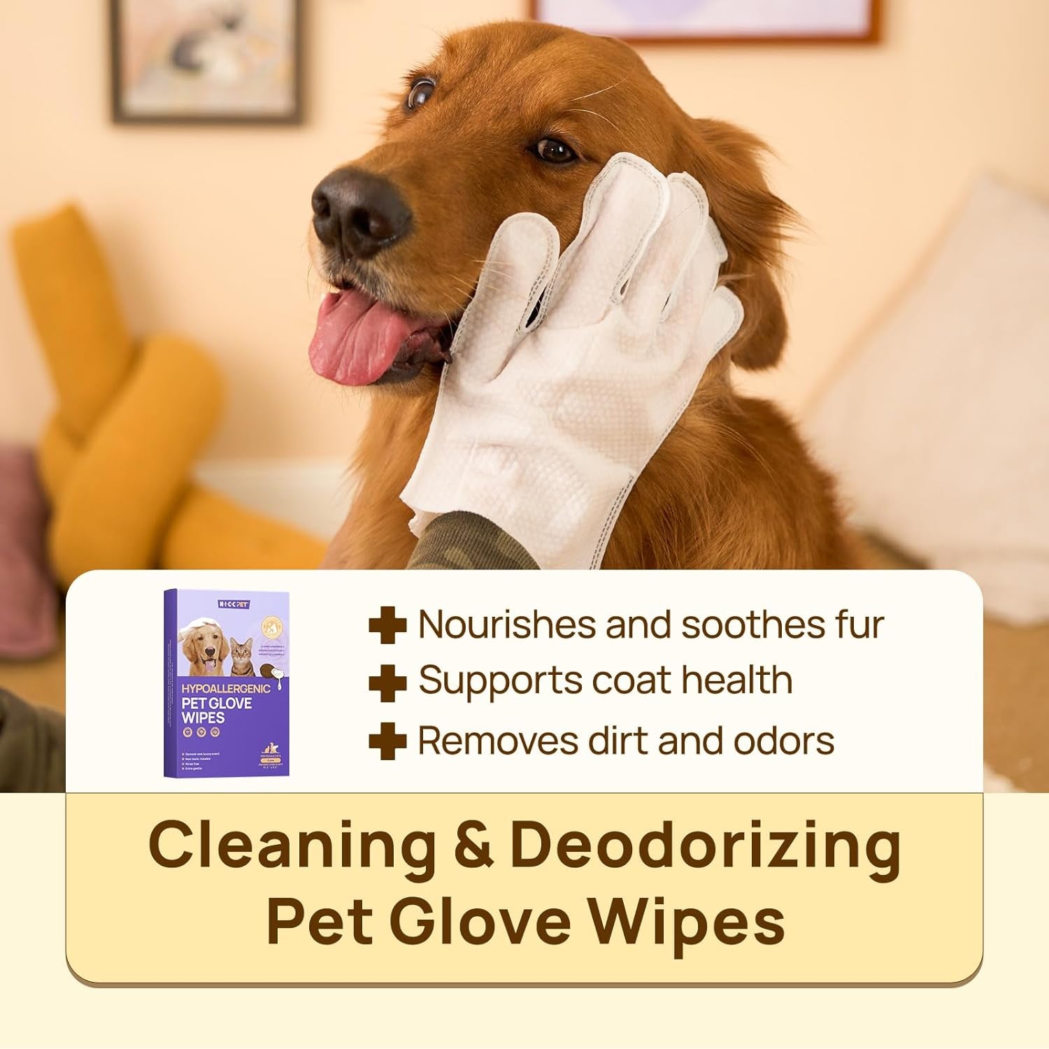 Cleaning Deodorizing Glove Wipes for Dogs & Cats, Vet Recommended Hypoallergenic Hydrating & Nourish Fur Pet Grooming Glove Wipes, Pet Bathing Wipes for Horse Coat Care, 6Pcs Coconut Scent