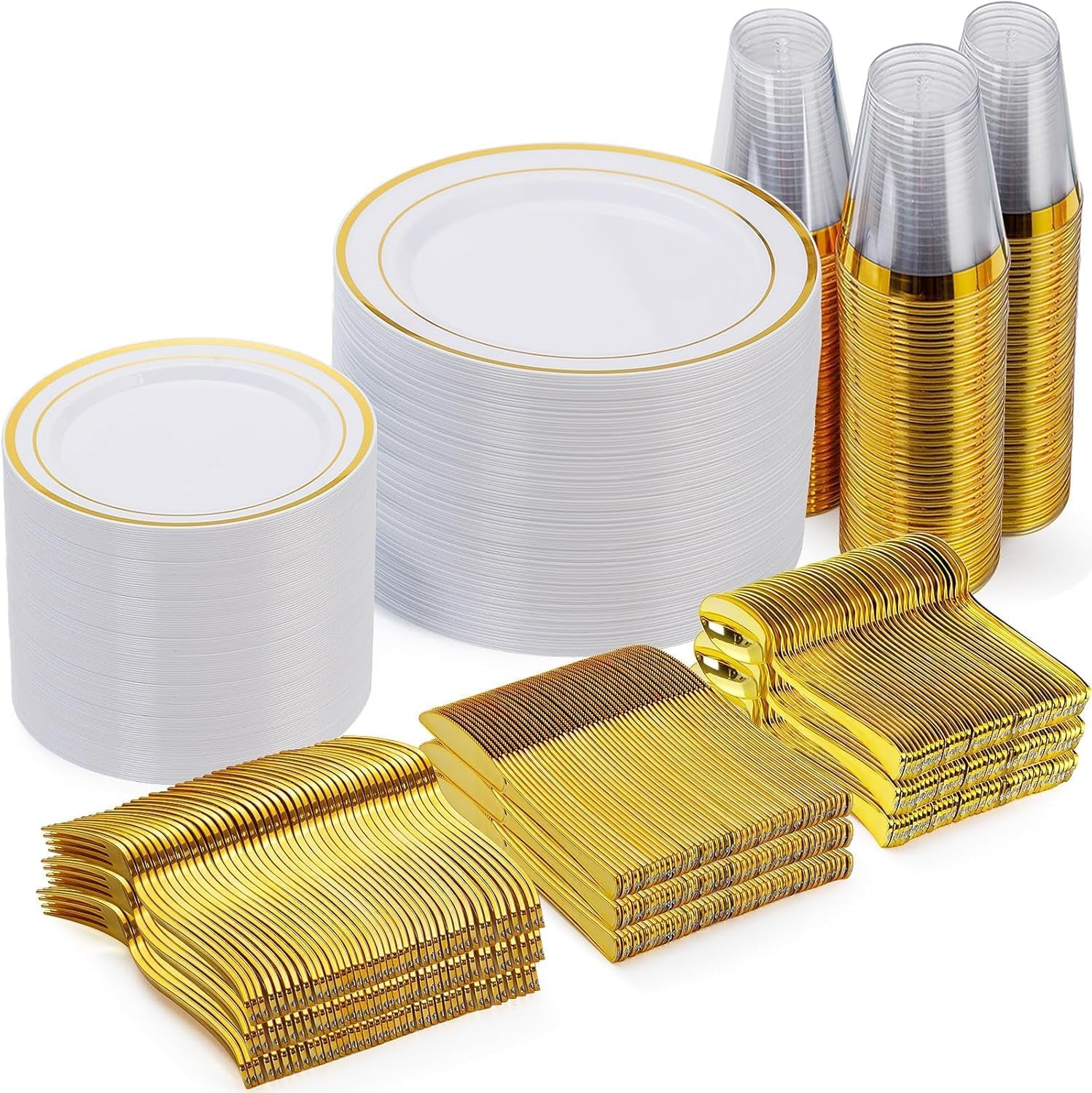600 Pieces Gold Disposable Plates for 100 Guests, Plastic Plates for Party, Dinnerware Set of 100 Dinner and 100 Dessert Plates, 100 Spoons, 100 Forks, 100 Knives, 100 Cups
