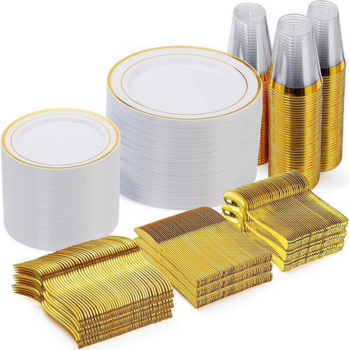 600 Pieces Gold Disposable Plates for 100 Guests, Plastic Plates for Party, Dinnerware Set of 100 Dinner and 100 Dessert Plates, 100 Spoons, 100 Forks, 100 Knives, 100 Cups