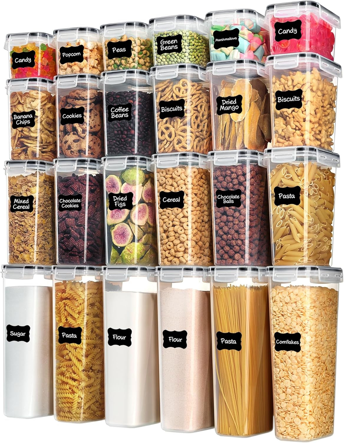 Airtight Food Storage Containers with Lids,  24 Pcs Plastic Kitchen and Pantry Organization Canisters for Cereal, Dry Food, Flour and Sugar, BPA Free, Includes 24 Labels，Black