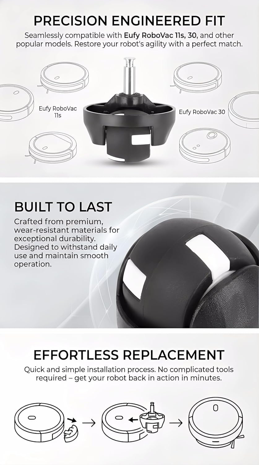 Robot Vacuum Universal Wheel, Vacuum Cleaner Roller Wheel Suitable for Eufy Robovac 30, 15C, 30C, G30/Nova Ihrv6-Blk