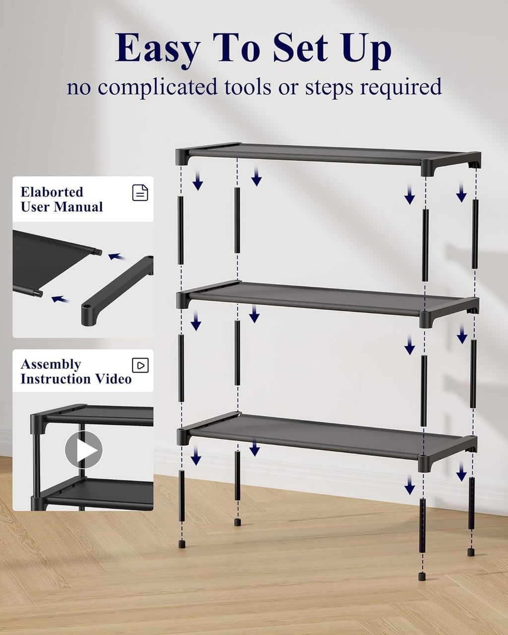 Shoe Rack - Non-Woven Shoe Rack Shelf, Shoe Organizer for Closet, Entryway, Garage & Corridor, Stackable Shoe Shelves, 27.5" Wide - 3 Tier, Black