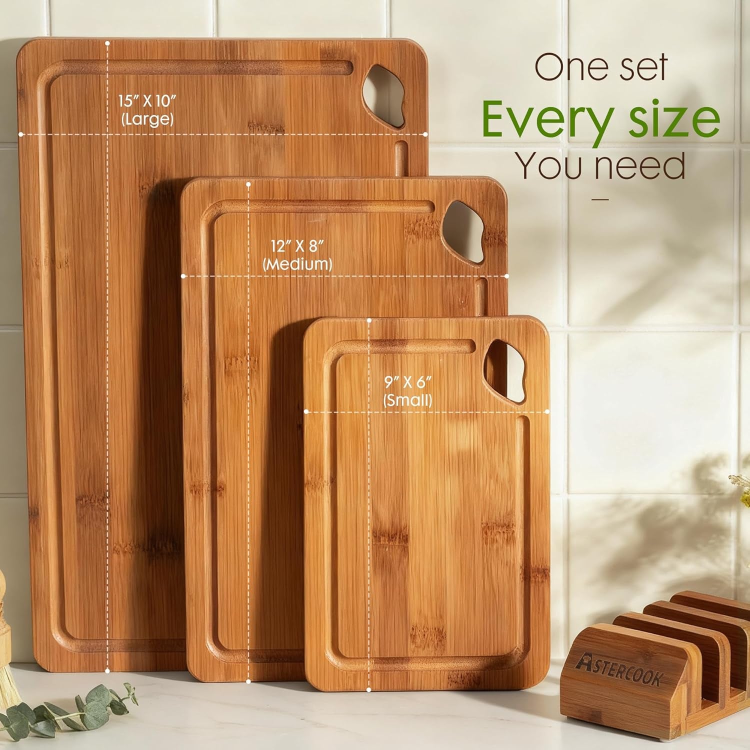 Deep-Carbonized Bamboo Cutting Boards for Kitchen with Wood Storage Stand, Reversible Charcuterie & Chopping Boards with Juice Grooves and Easy-Grip Handles, Mothers Day Gifts