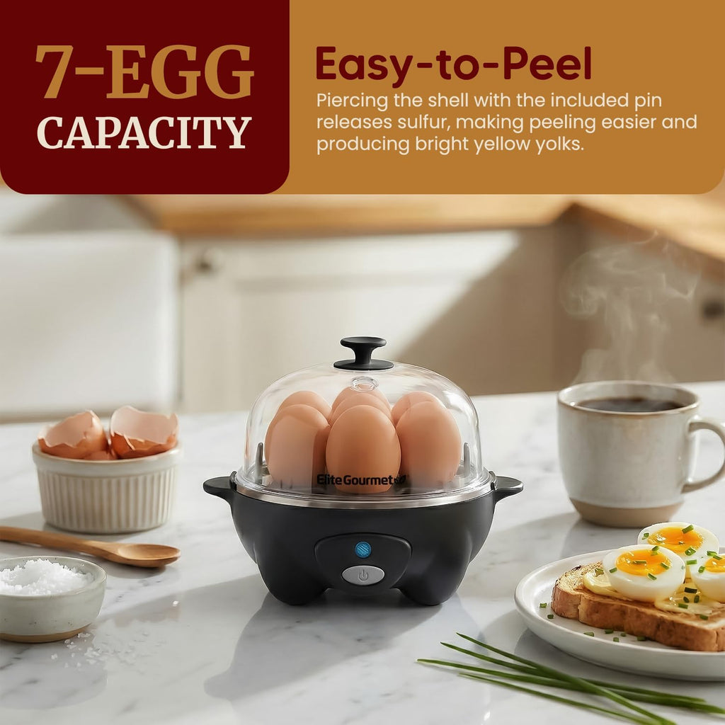 EGC-007B# Rapid Egg Cooker, 7 Easy-To-Peel, Hard, Medium, Soft Boiled Eggs, Poacher, Omelet Maker, Auto Shut-Off, Alarm, 16-Recipe Booklet, Black