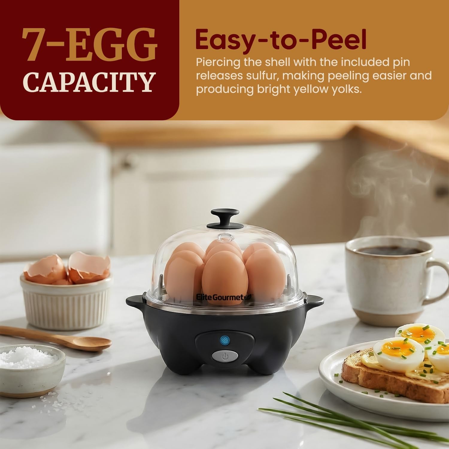EGC-007B# Rapid Egg Cooker, 7 Easy-To-Peel, Hard, Medium, Soft Boiled Eggs, Poacher, Omelet Maker, Auto Shut-Off, Alarm, 16-Recipe Booklet, Black