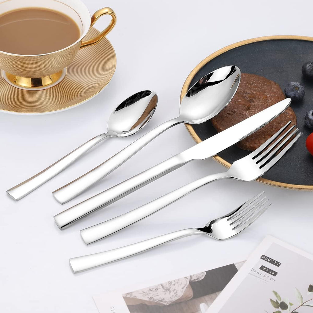 Silverware Set for 2,  10-Piece Stainless Steel Flatware Cutlery Set, Square Edge Kitchen Utensil Include Knives/Forks/Spoons, Tableware for Home/Hotel, Mirror Polished Dishwasher Safe