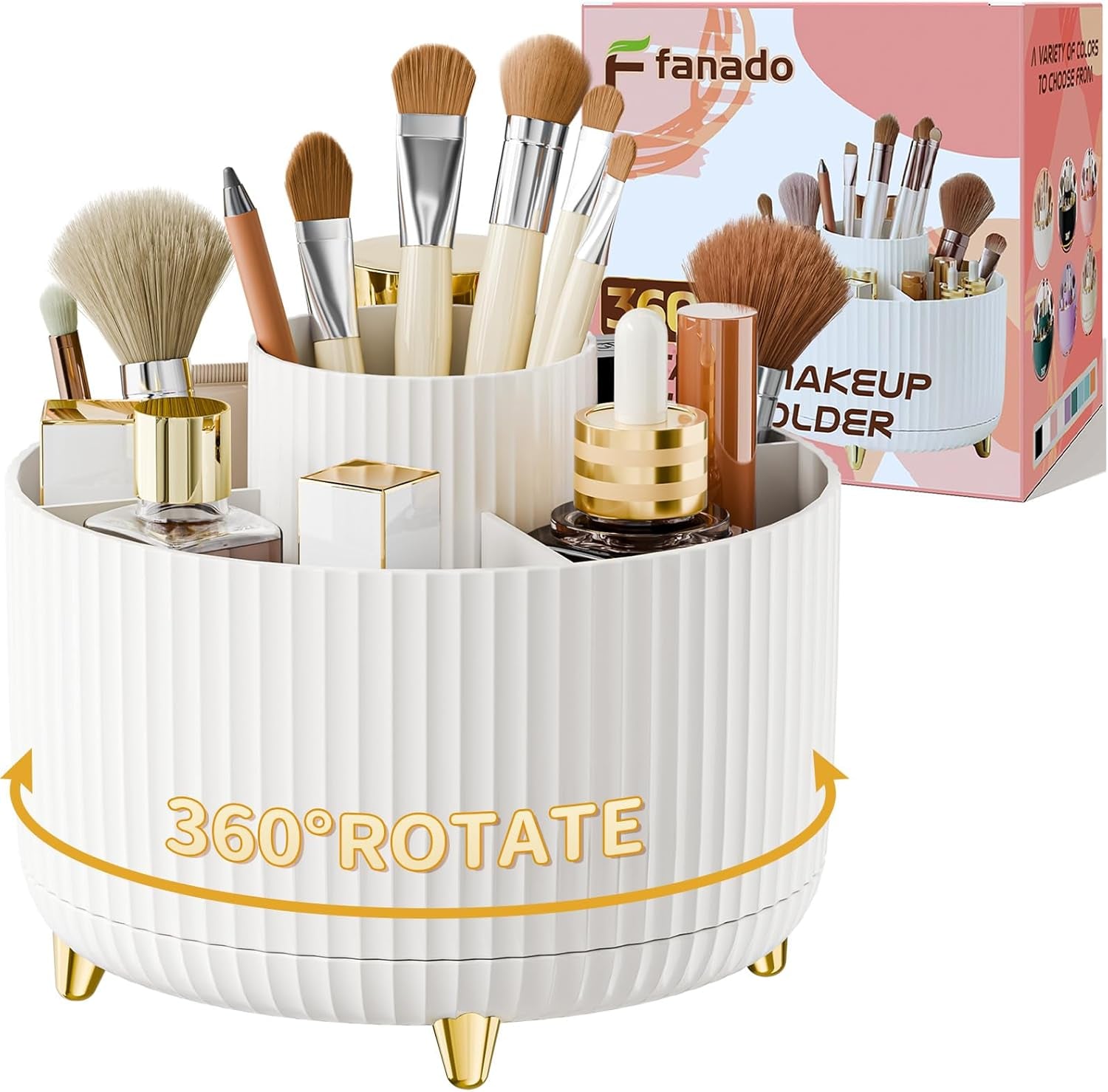 360° Rotate Makeup Brush Holder Organizer, Makeup Organizers Countertop, Makeup Organization and Skincare Storage for Vanity, Desktop, Bathroom (White)