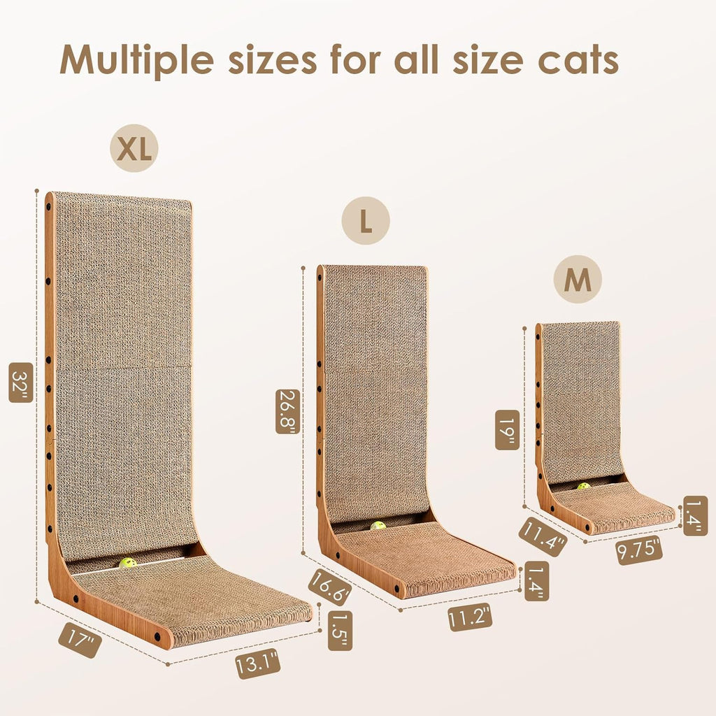 Cardboard Cat Scratcher for Indoor Cats, 26.8 Inch L Shaped Vertical Cat Scratching Board with Ball Cat Toy, Large Cat Scratcher Pad, Brown