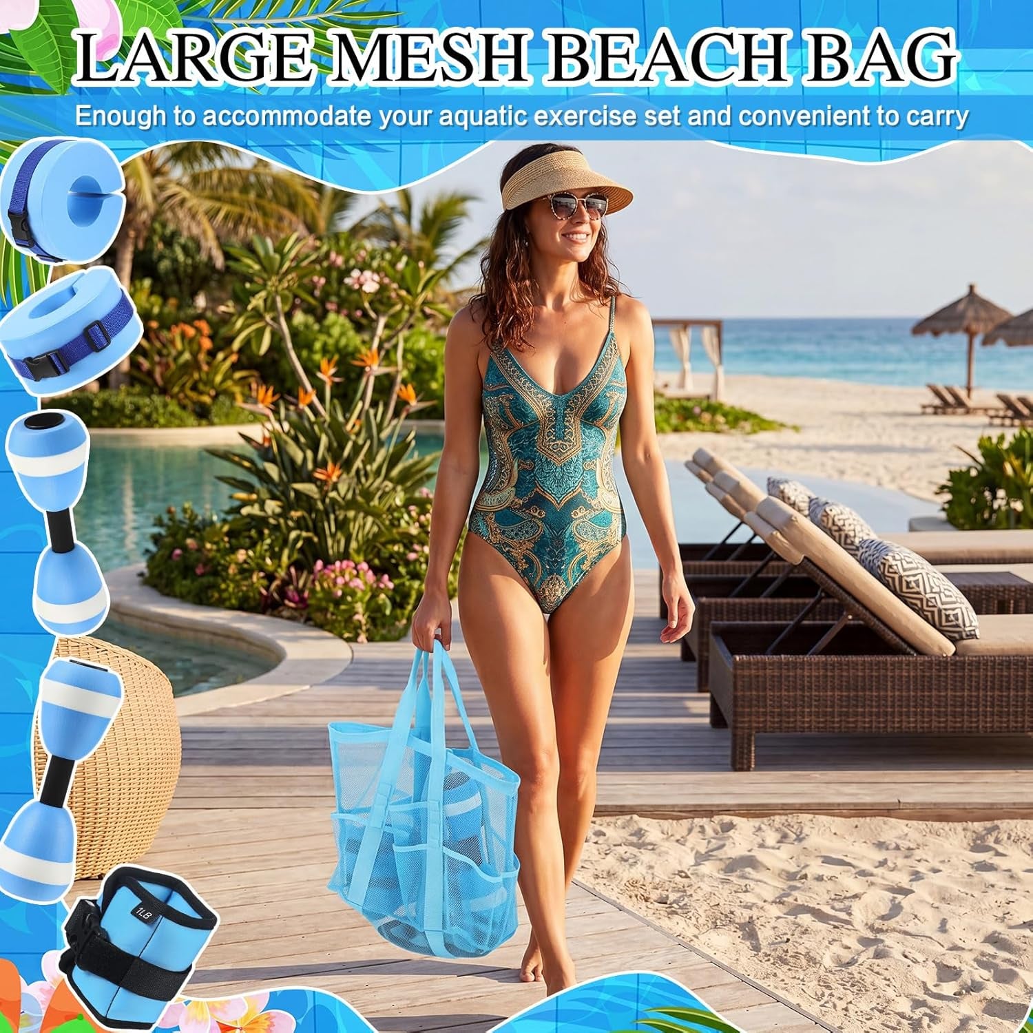 7 Pcs Aquatic Exercise Set Water Aerobics Set Including 2 Ankle/Wrist Weights for Land or Water 2 Exercise Foam Dumbbells Cuffs Large Mesh Beach Bag for Pool Weight Loss