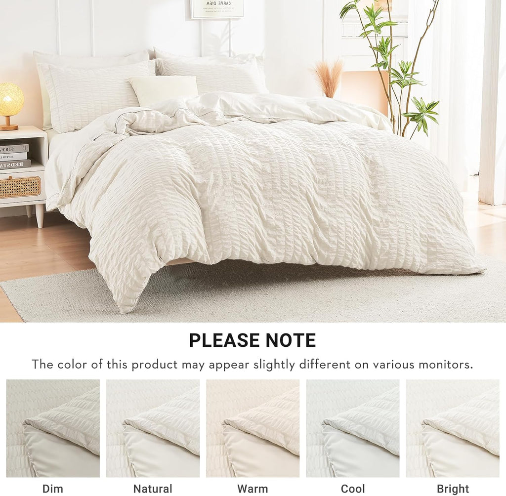 Ivory Queen Comforter Set Seersucker 7 Pieces, All Season Luxury Bed in a Bag for Bedroom, Bedding Set with Comforters, Sheets, Pillowcases & Shams