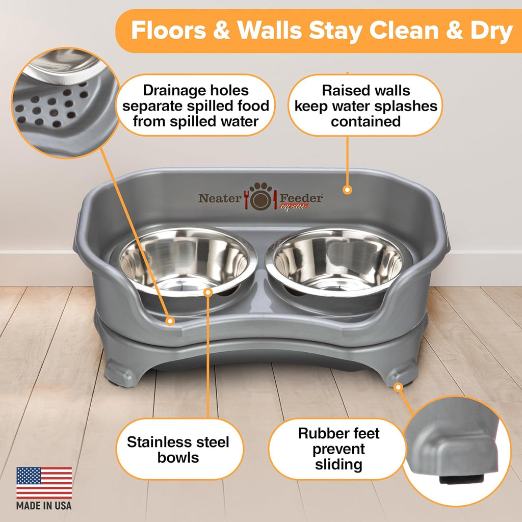 Express Mess Proof Dog Bowls Elevated for Small Breeds under 15 Lb, Made in USA, No Spill Raised Dog Food Bowl Stand, Stainless Steel Food and Water Bowl Set, Feeding Station, Grey