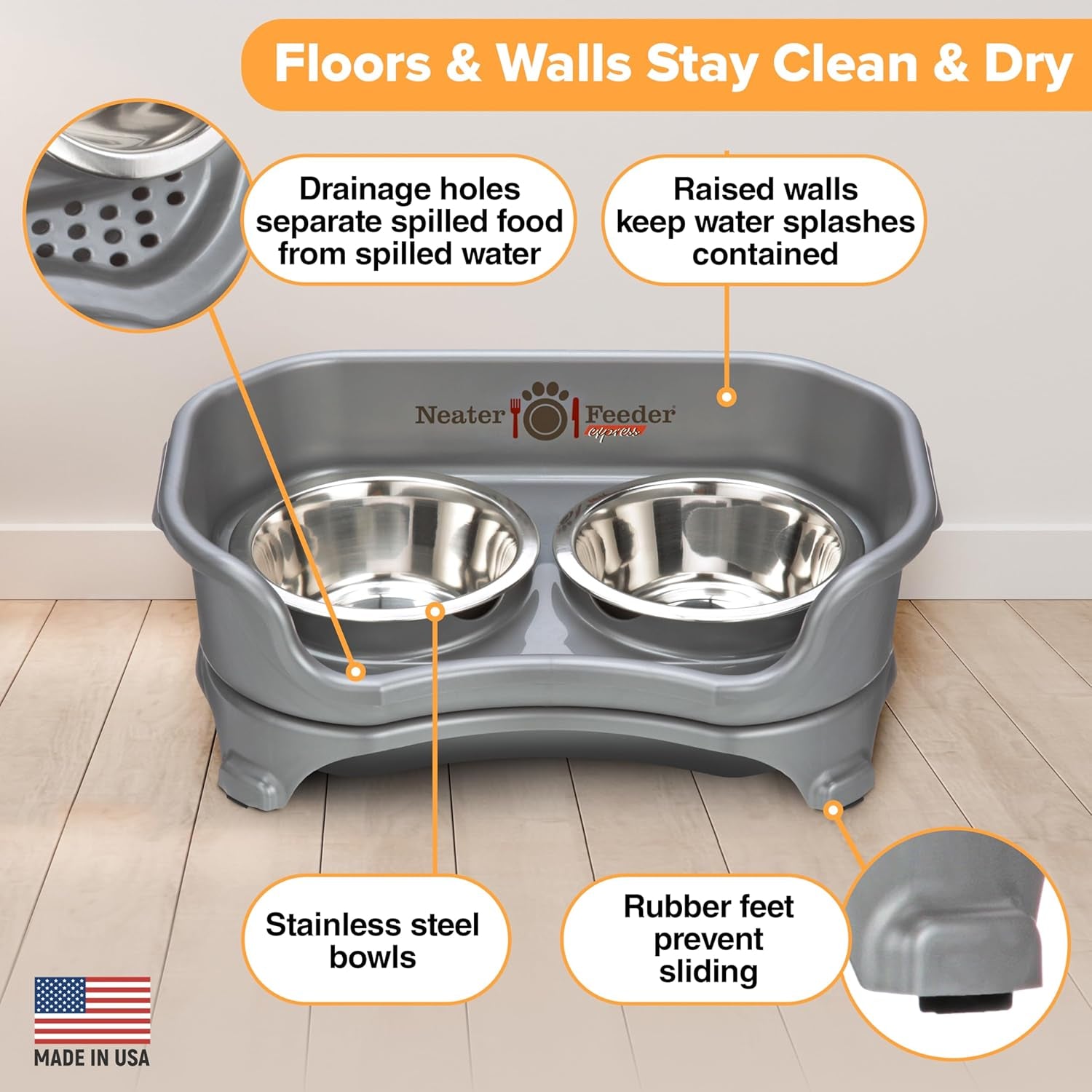 Express Mess Proof Dog Bowls Elevated for Small Breeds under 15 Lb, Made in USA, No Spill Raised Dog Food Bowl Stand, Stainless Steel Food and Water Bowl Set, Feeding Station, Grey