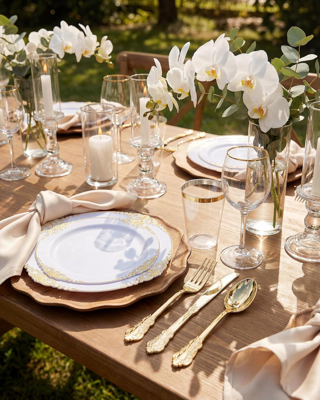 350PCS Gold Plastic Plates - Gold Plastic Dinnerware Sets for 50 Guests - 100 Disposable Plates, 150 Silverware, 50 Cups, 50 Napkins for Wedding & Party