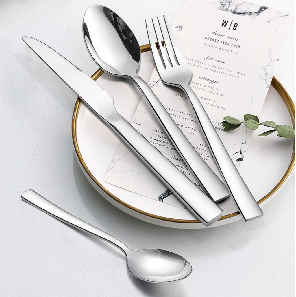 Silverware Set for 2,  10-Piece Stainless Steel Flatware Cutlery Set, Square Edge Kitchen Utensil Include Knives/Forks/Spoons, Tableware for Home/Hotel, Mirror Polished Dishwasher Safe