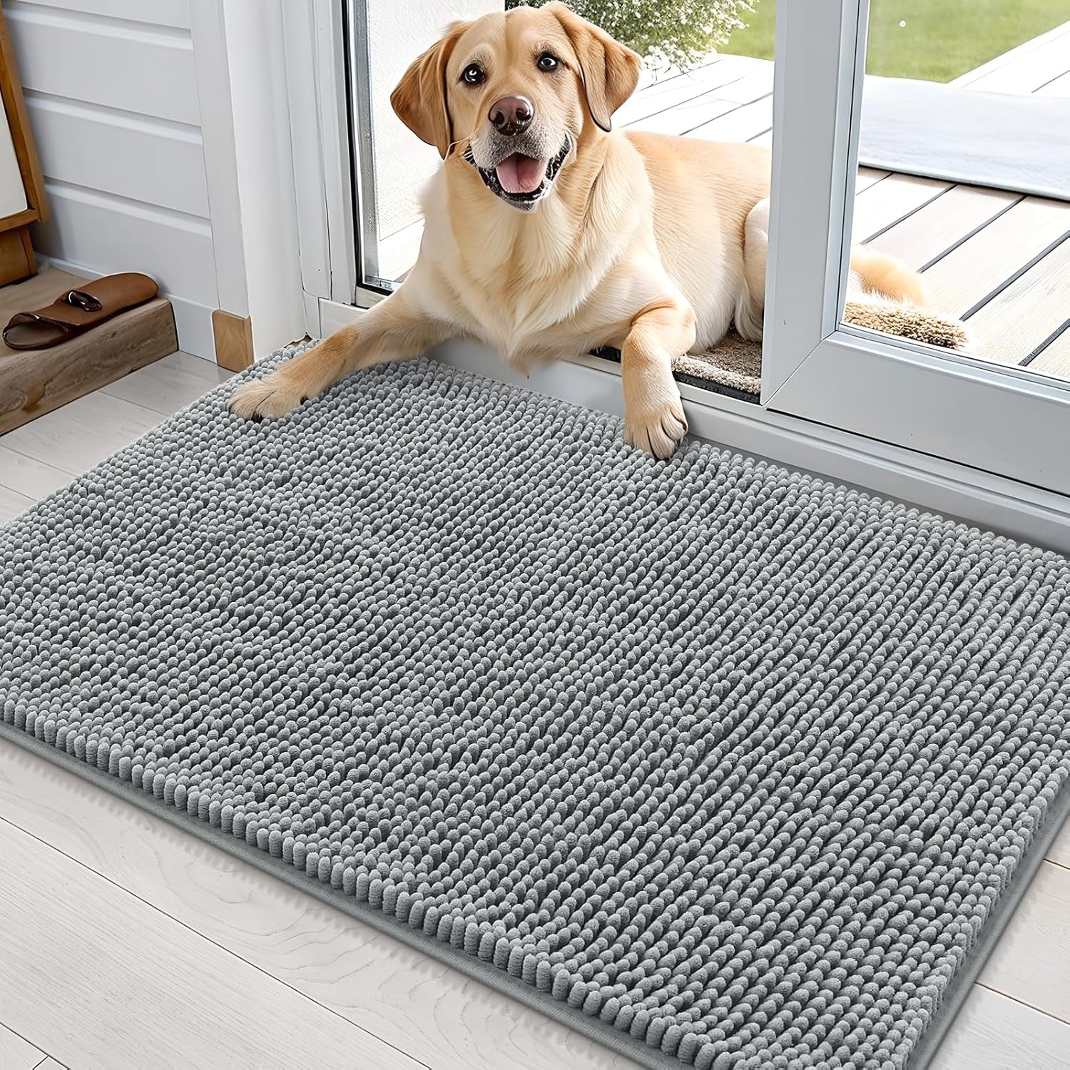 Dog Door Mat for Muddy Paws 36X24, Absorbs Moisture and Dirt, Absorbent Non-Slip Washable Doormat, Quick Dry Chenille Mud Mat for Dogs, Entry Indoor Entryway Carpet for inside Floor, Grey