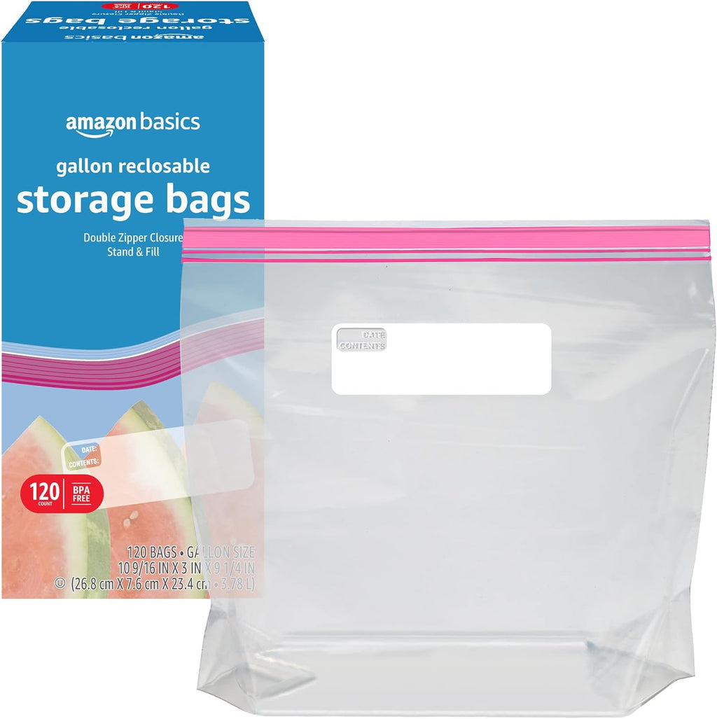 Reclosable Gallon Food Storage Bags with Double Zipper Seal, Stand and Fill Base, BPA Free, 120 Count