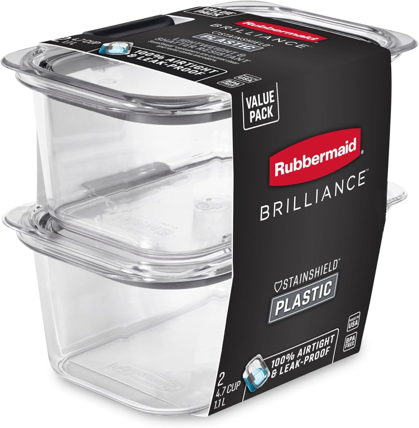 Brilliance Bpa-Free Food Storage Containers, Medium Deep, 4.7 Cup, 2-Pack, Airtight & Leak-Proof, Microwave & Dishwasher Safe