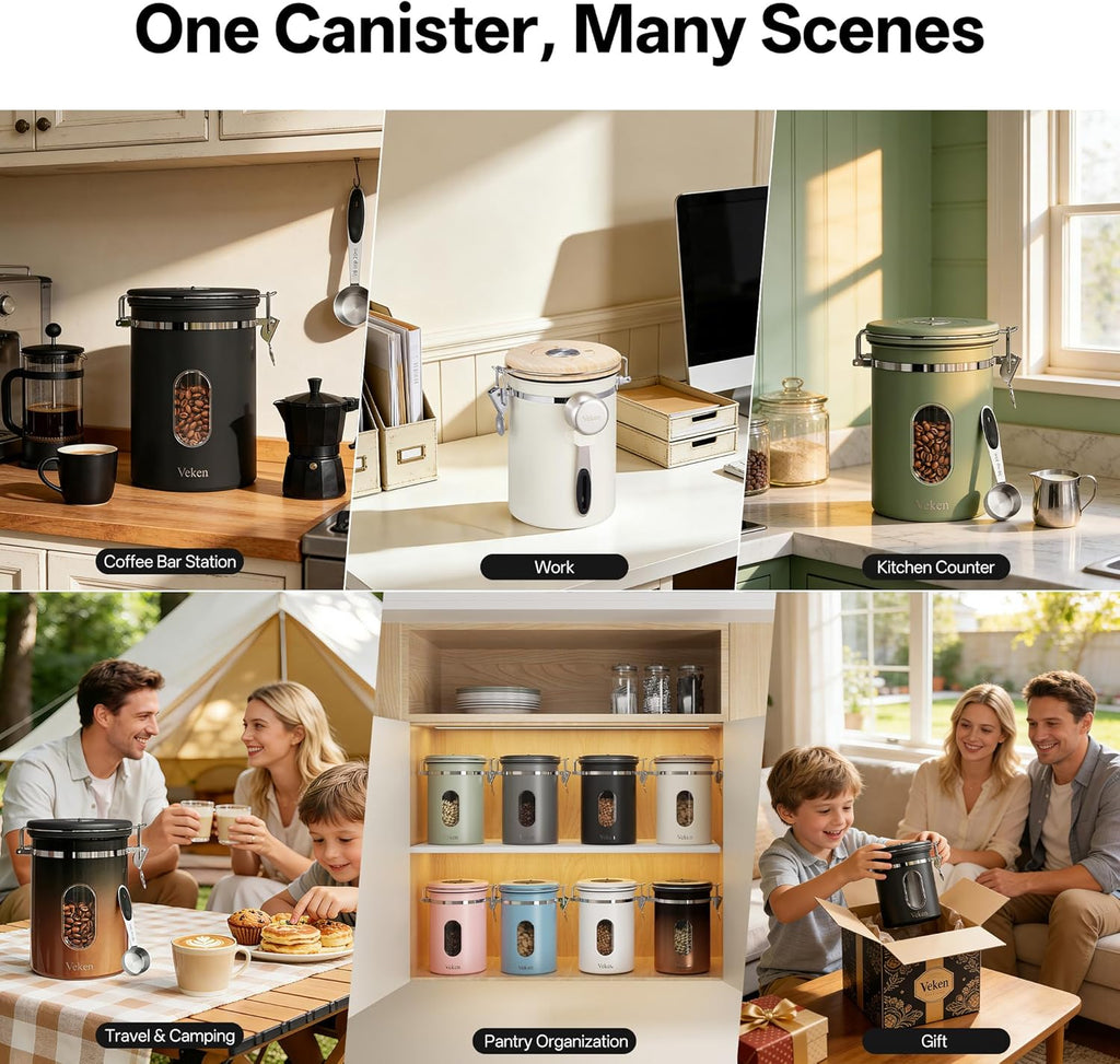 Coffee Canister with Window,Airtight Stainless Steel Pantry Container,Home Kitchen Food Storage Organizers for Ground,Beans,Espresso,Rice,Tea,Sugar,Cereal, Decor,Bar Accessories,Gifts,22Oz,Black