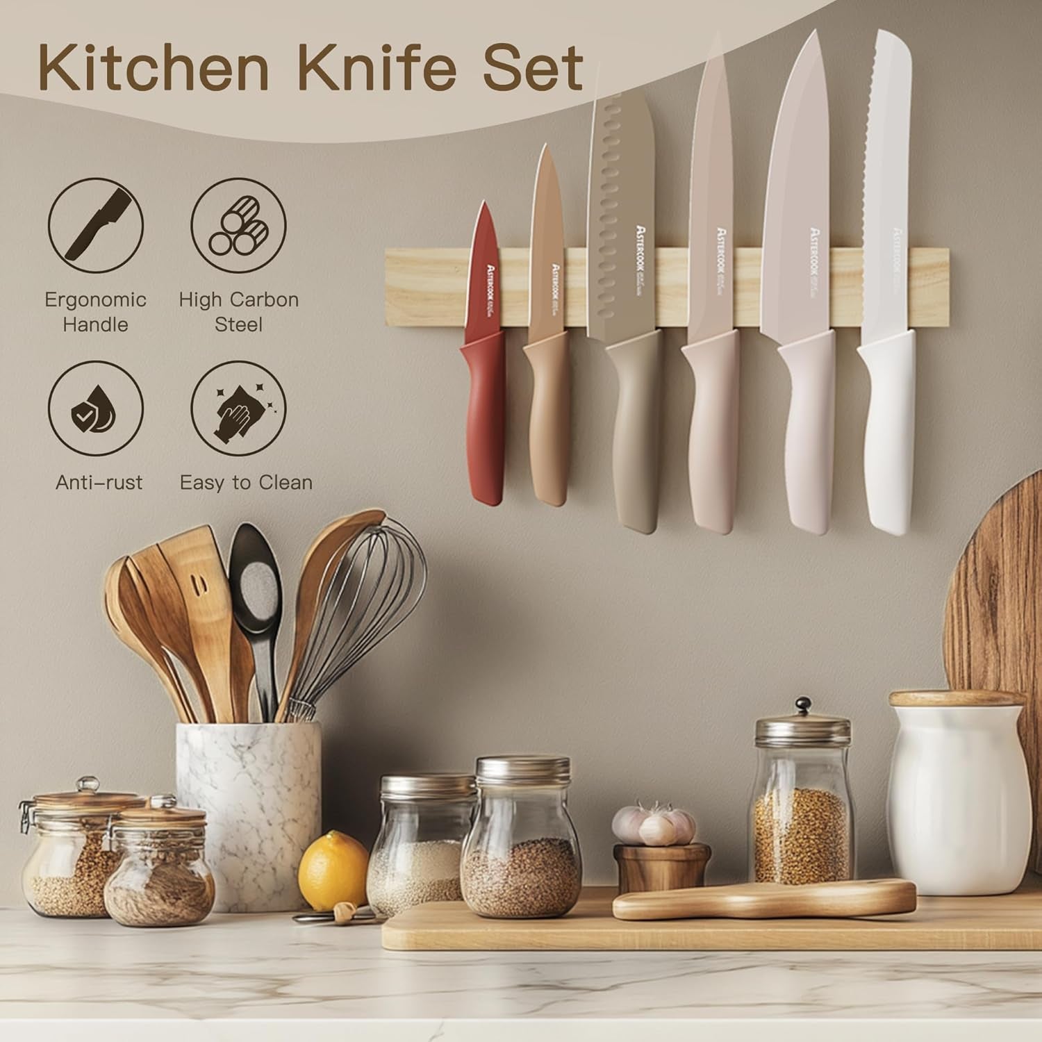 Knife Set, 13 Pieces Kitchen Knives Set with Healthy Anti-Rust Coating, Dishwasher Safe, Stainless Steel Chef Knife Sets with 6 Blade Guards, Perfect Mothers Day Gifts for Kitchen