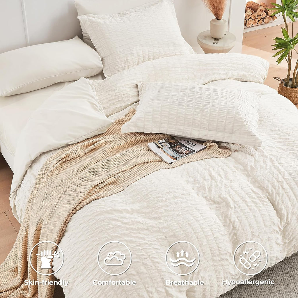 Ivory Queen Comforter Set Seersucker 7 Pieces, All Season Luxury Bed in a Bag for Bedroom, Bedding Set with Comforters, Sheets, Pillowcases & Shams