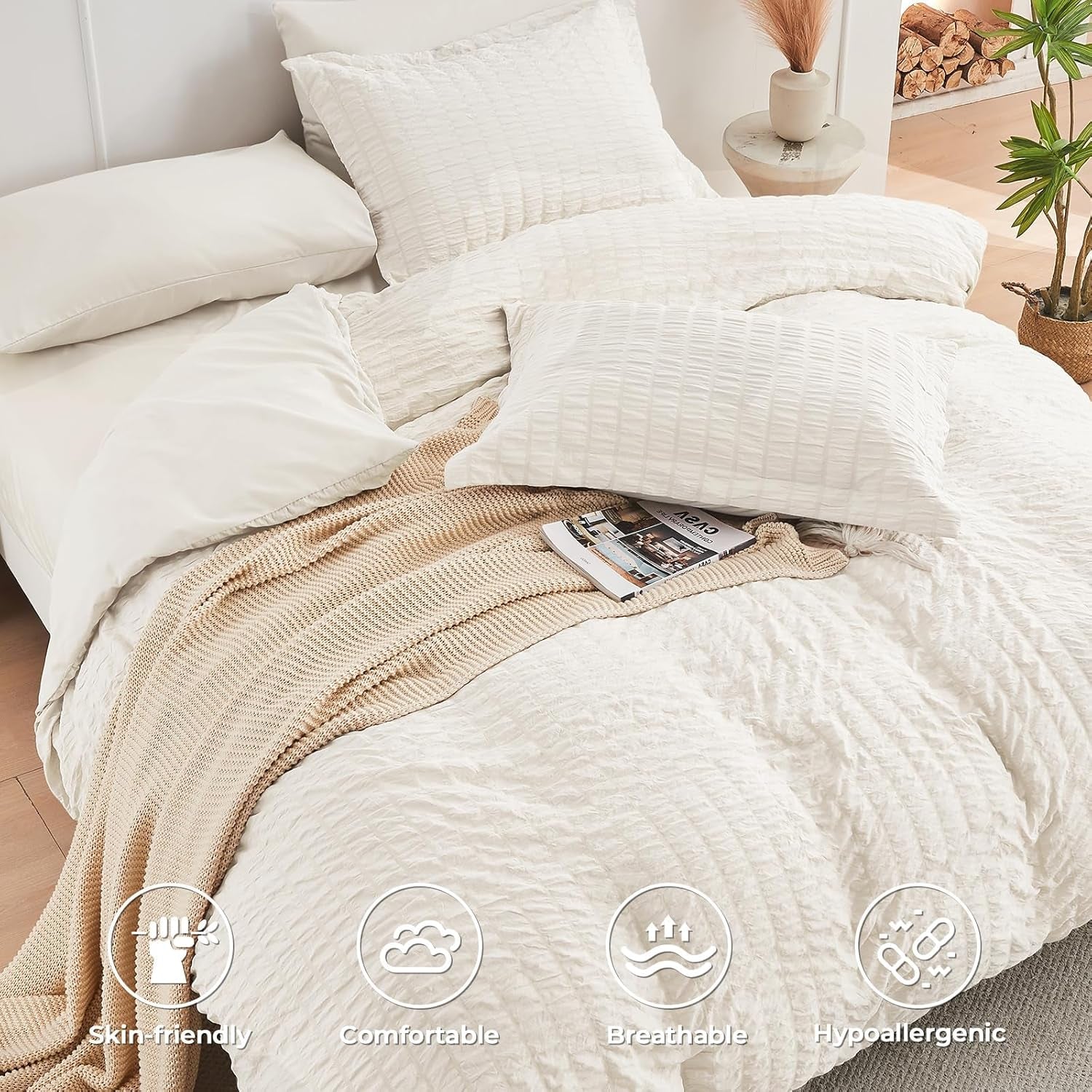 Ivory Queen Comforter Set Seersucker 7 Pieces, All Season Luxury Bed in a Bag for Bedroom, Bedding Set with Comforters, Sheets, Pillowcases & Shams