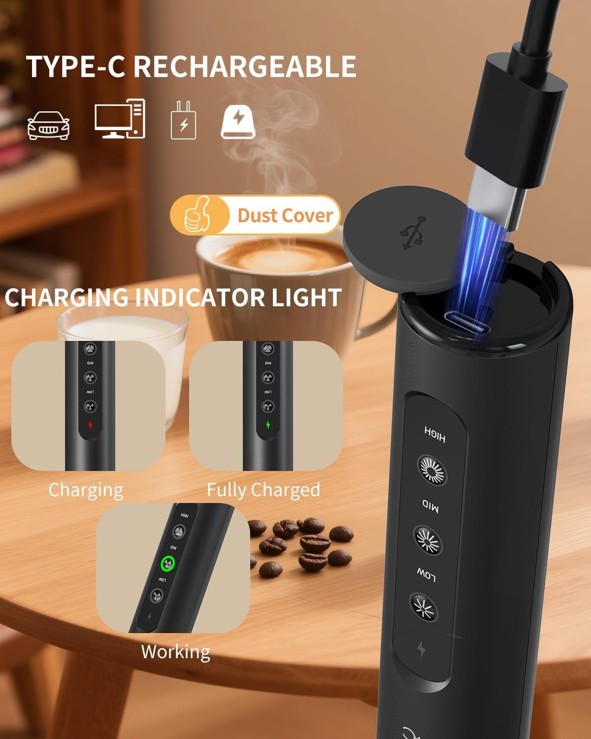 Rechargeable Handheld Milk Frother Wand with Stand, 3 Variable Speeds, 3 Whisks and Storage Box, Electric Drink Mixer for Latte, Cappuccino, Hot Chocolate, Eggs and Protein Powder, Black