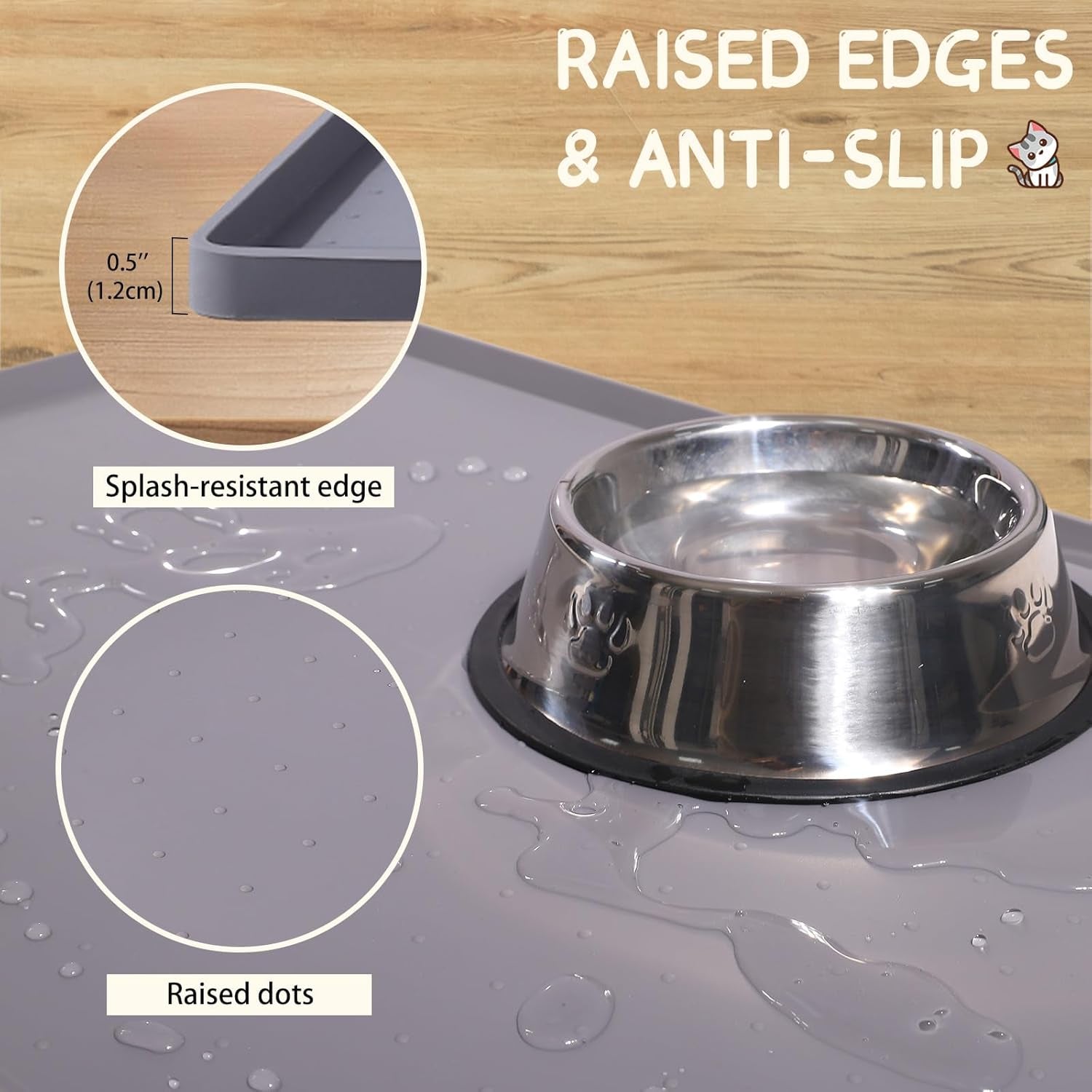 Silicone Cat & Dog Food Mat for Floors Waterproof, Anti-Slip Dog Bowl Mats for Food and Water, Pet Feeding Mats with Lip to Prevent Spills, Pet Placemat for Messy Drinkers to Protect Floors