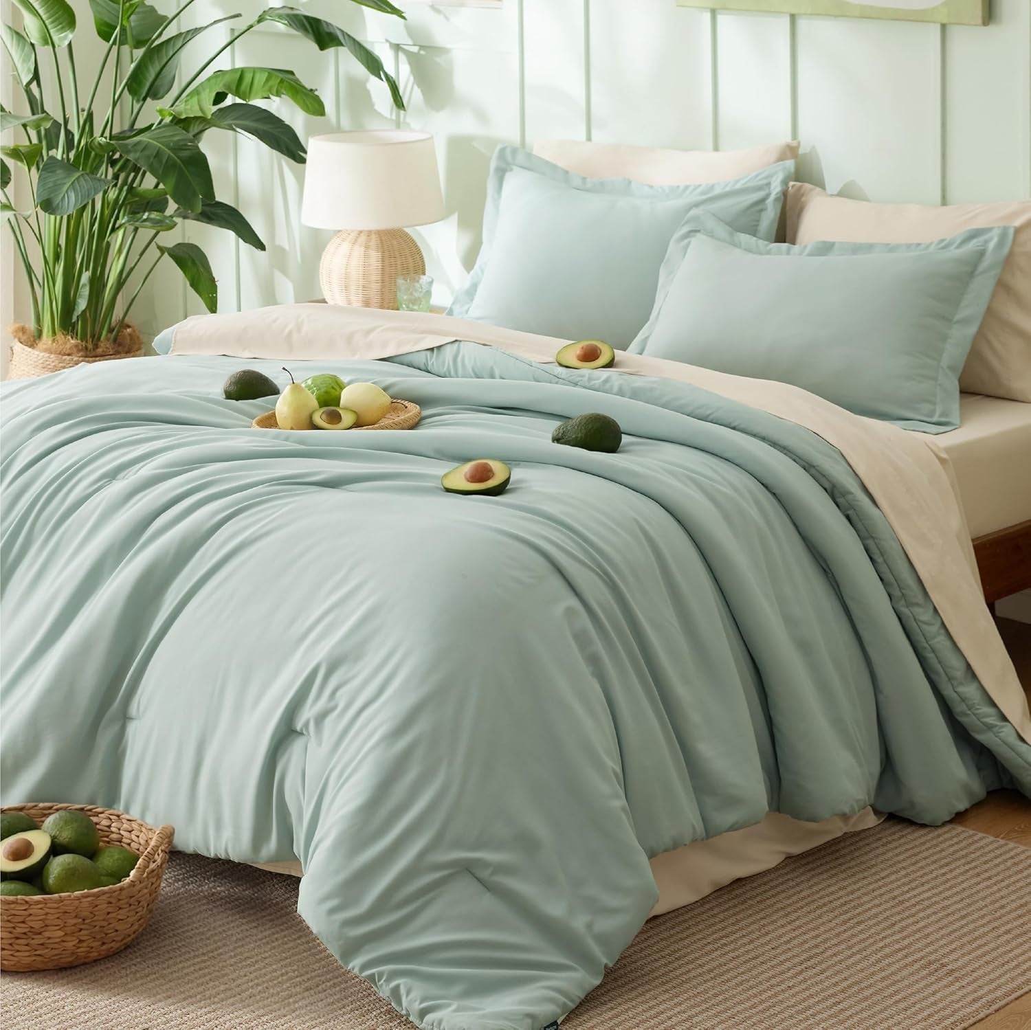 Bedsure Queen Comforter Set - 7 Pieces Sage Green Queen Bedding Set for All Seasons, Boho Contrasting Design Bed in a Bag with Comforter, Sheets, Pillowcases & Shams