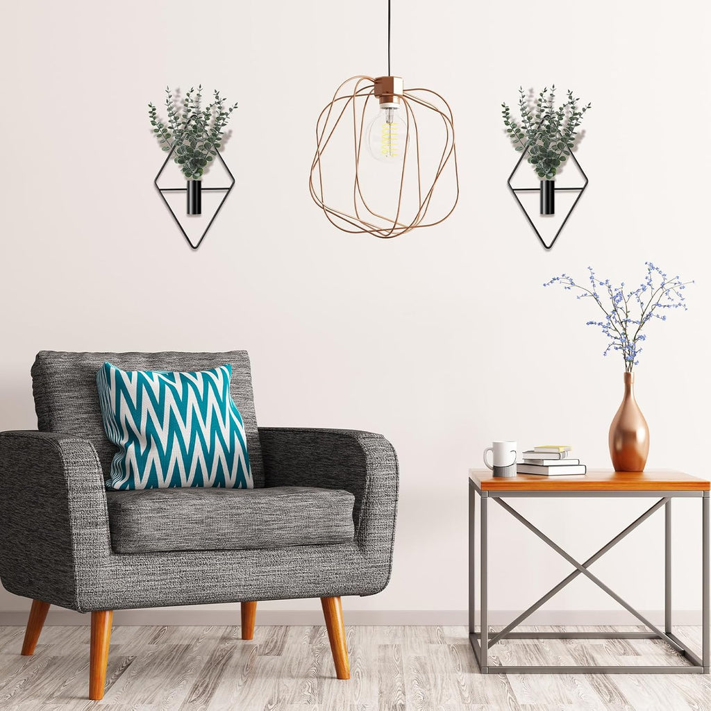 4 Pcs Hanging Planters with Artificial Eucalyptus Metal Hanging Vase Indoor Plants Holder Modern Geometric Boho Bathroom Wall Decor for Living Room Home Office(Black)
