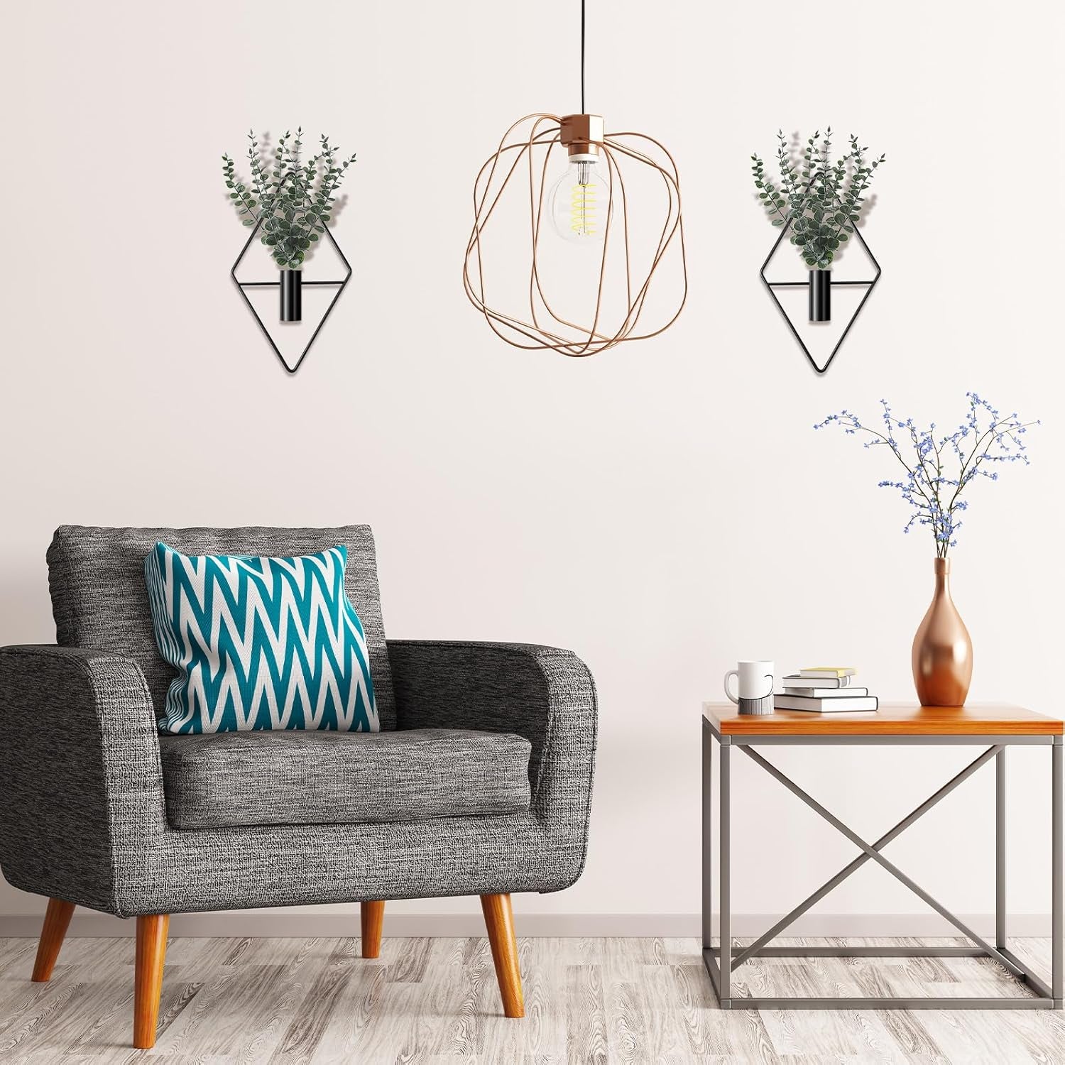 4 Pcs Hanging Planters with Artificial Eucalyptus Metal Hanging Vase Indoor Plants Holder Modern Geometric Boho Bathroom Wall Decor for Living Room Home Office(Black)