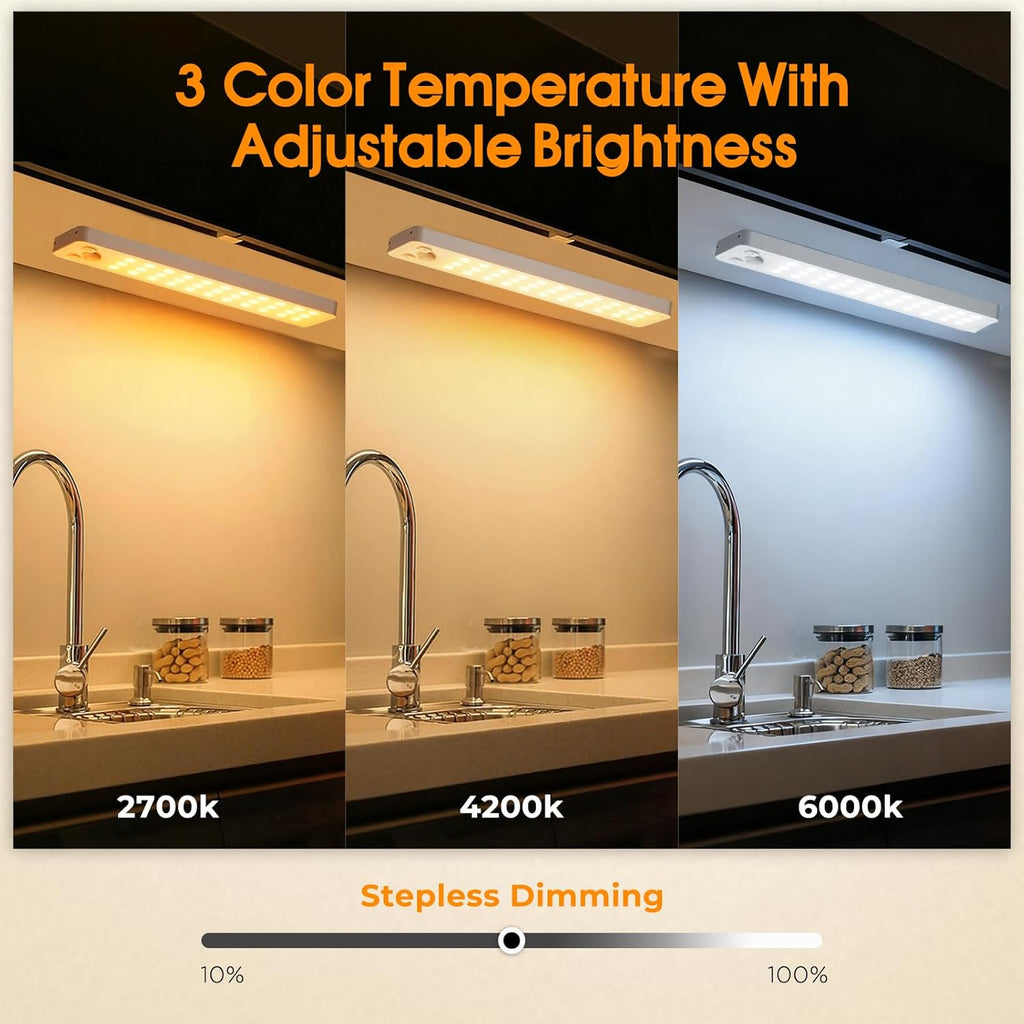 Under Cabinet Rechargeable Dimmable Lighting: 3 Color Temperature Motion Sensor Lights Indoor - Battery Operated Lights - Activated Closet Magnetic Wireless Led Light for Kitchen Home Bathroom Counter