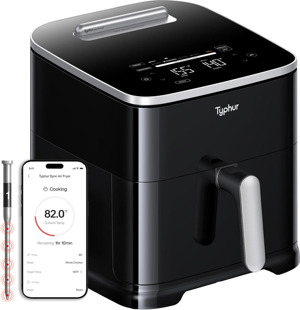 Sync 8QT AI Smart Air Fryer with Built-In Wireless Meat Thermometer, 9-In-1 XL Non Toxic Ceramic Airfryer, 450°F Max, Cooks 6Lb Whole Chicken, Quiet & Dishwasher Safe, 120V