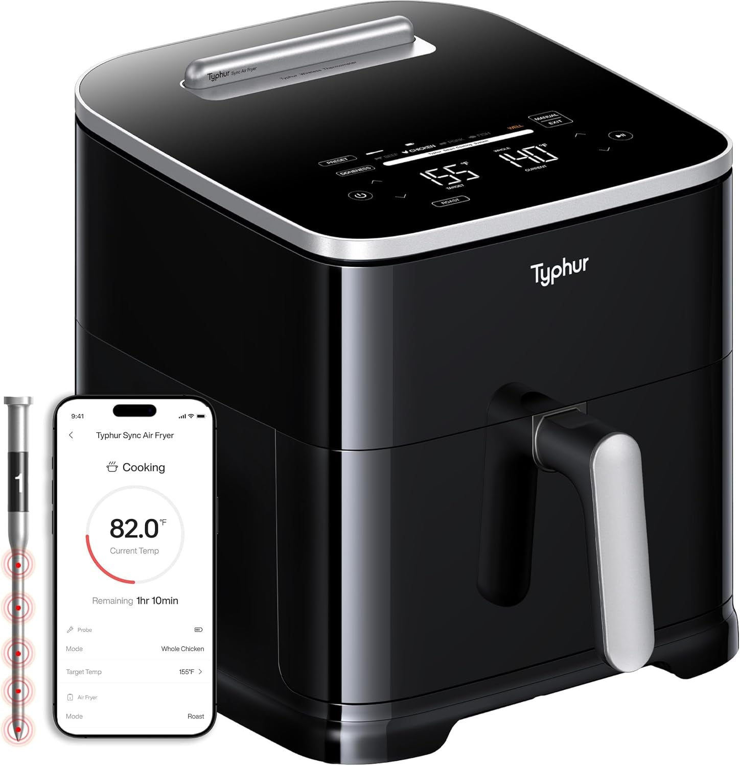 Sync 8QT AI Smart Air Fryer with Built-In Wireless Meat Thermometer, 9-In-1 XL Non Toxic Ceramic Airfryer, 450°F Max, Cooks 6Lb Whole Chicken, Quiet & Dishwasher Safe, 120V
