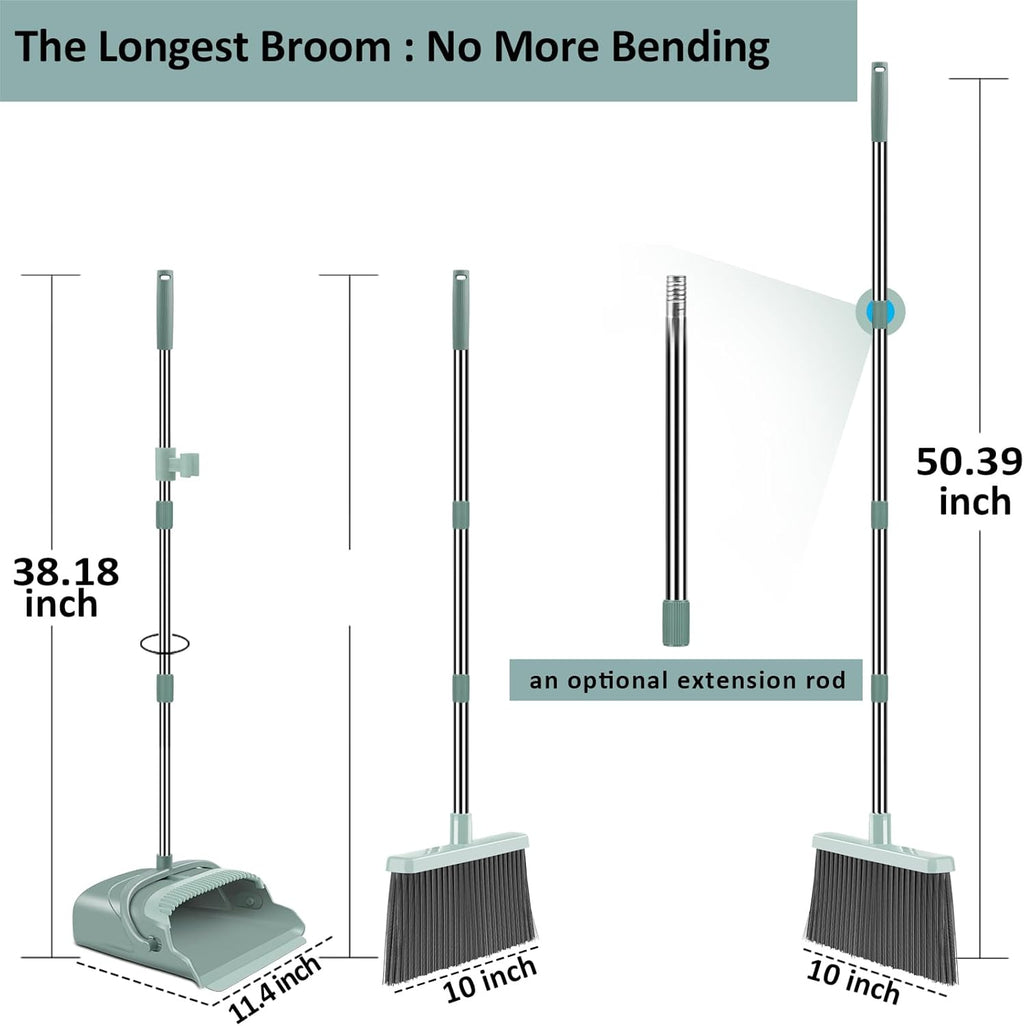 Upgrade Broom and Dustpan Set, Large Size and with Long Handle, Upright,Ideal for Indoor Outdoor Garage Kitchen Room Office Lobby Use (Green)