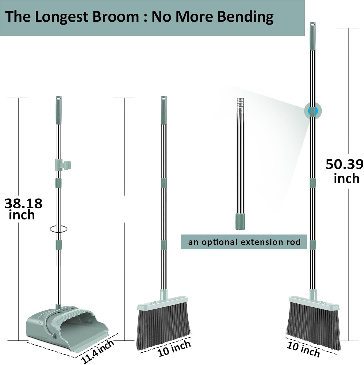 Upgrade Broom and Dustpan Set, Large Size and with Long Handle, Upright,Ideal for Indoor Outdoor Garage Kitchen Room Office Lobby Use (Green)