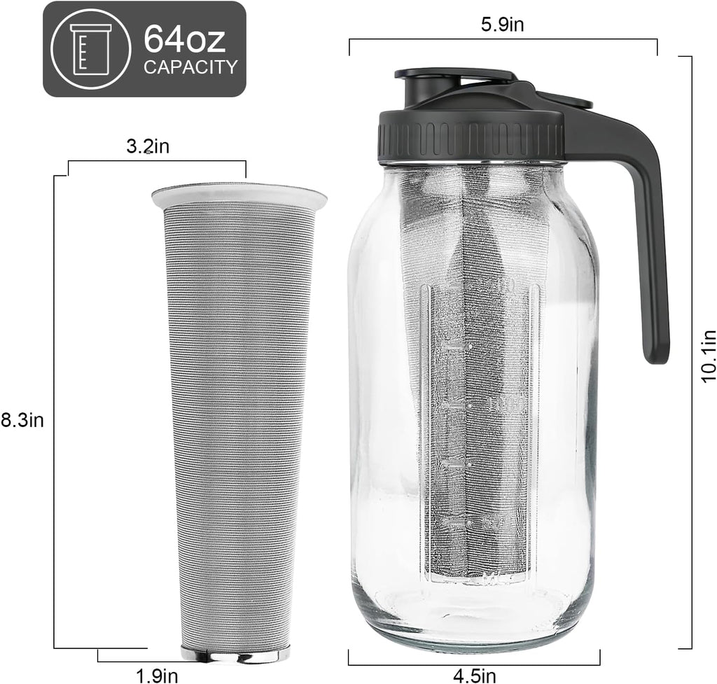 Cold Brew Coffee Maker,64 Oz Mason Jar Pitcher with Stainless Steel Filter, Pour Spout Handle Lid, Heavy Duty Glass Airtight & Leak-Proof for Iced Coffee,Tea & Lemonade
