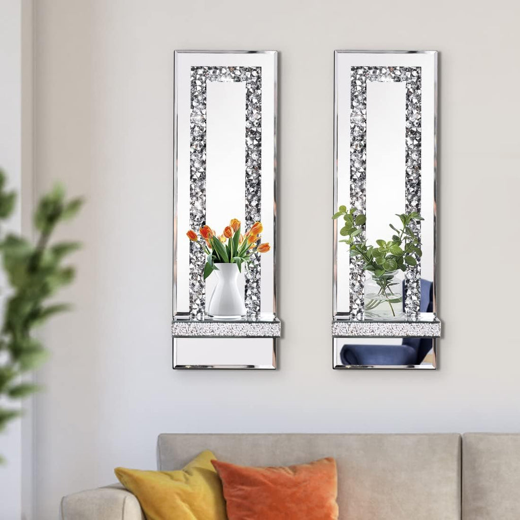 Crystal Crush Diamond Mirrored Candle Sconces, Silver Wall Candle Holder Set of 2, Wall Decorations for Living Room，Dining Room (Rectangle Stripe (Style 4))