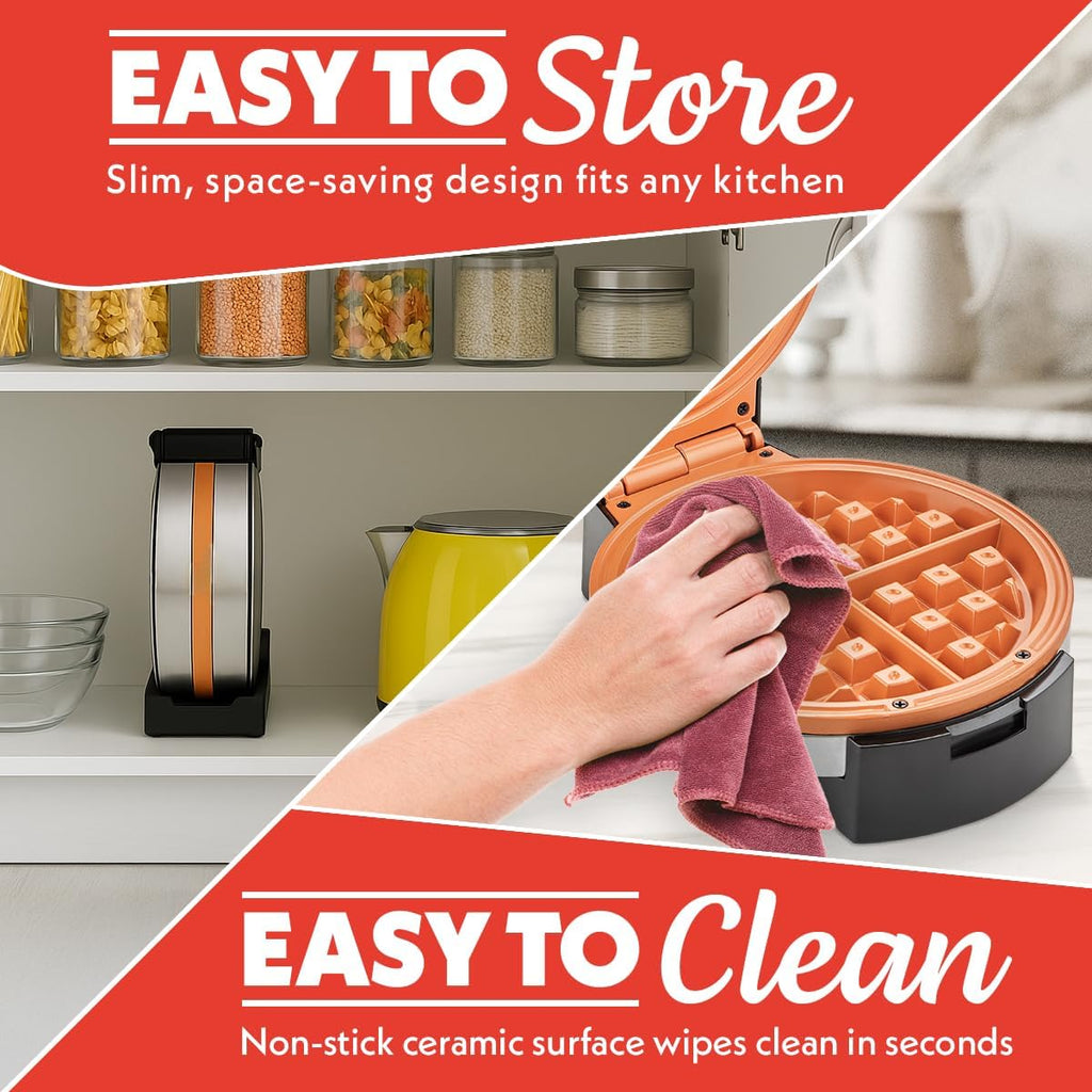 Belgian Waffle Maker – Compact Design with Upright Storage, Adjustable Browning, and Easy-Clean Nonstick Ceramic Plates, Stainless Steel