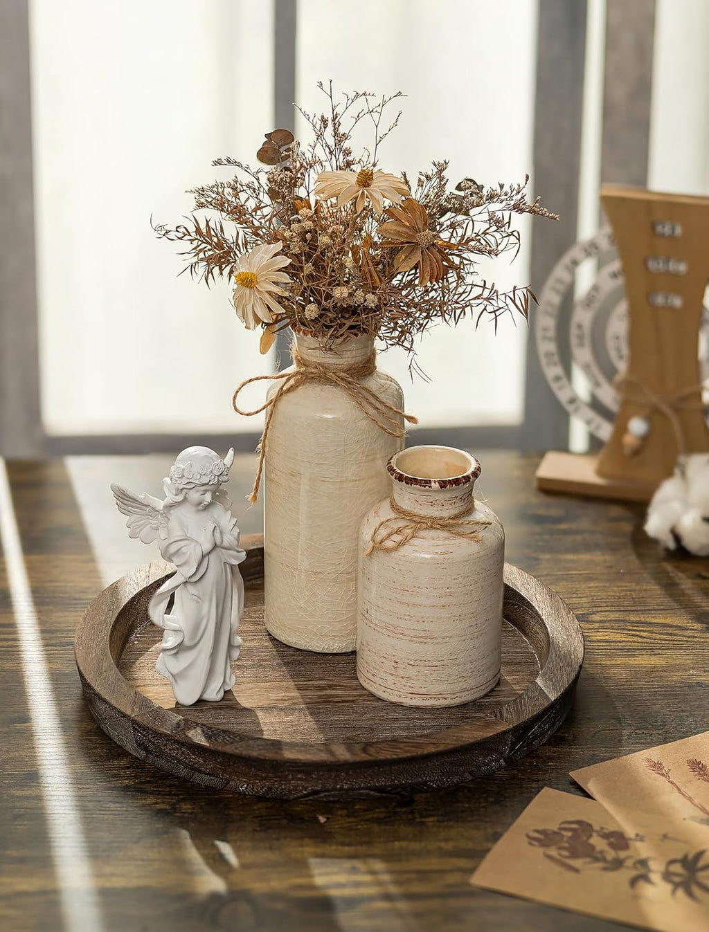 Candle Plate Holder Tray: round Wood Decorative Candle Plate - Rustic Farmhouse Coffeetable Decor - Tealight Pillar Trays for Home Decor (Distressed)