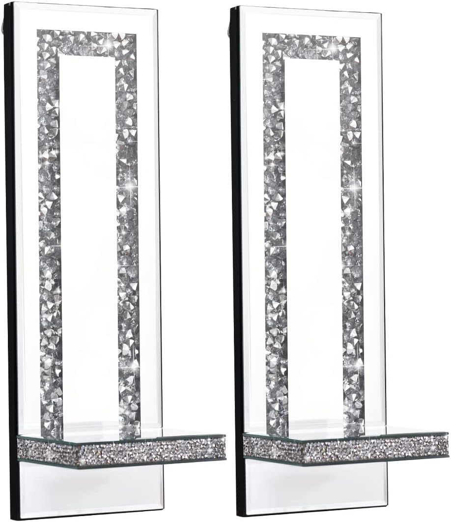 Crystal Crush Diamond Mirrored Candle Sconces, Silver Wall Candle Holder Set of 2, Wall Decorations for Living Room，Dining Room (Rectangle Stripe (Style 4))