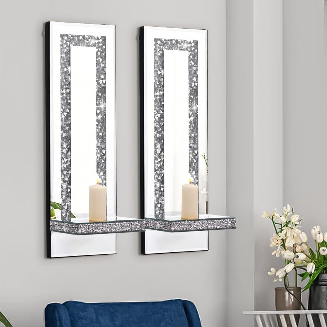 Crystal Crush Diamond Mirrored Candle Sconces, Silver Wall Candle Holder Set of 2, Wall Decorations for Living Room，Dining Room (Rectangle Stripe (Style 4))