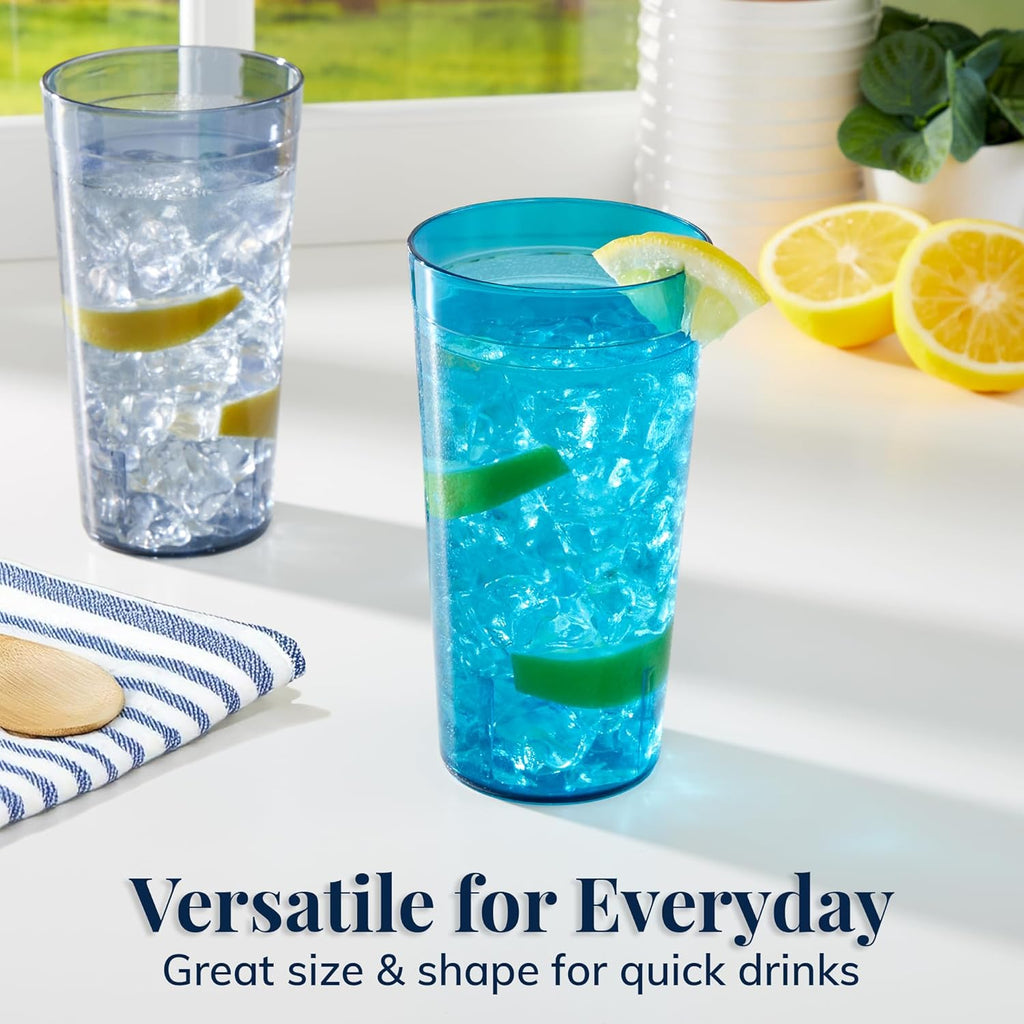 Cafe Plastic Reusable Tumblers (Set of 16) 20-Ounce Water Cups Coastal Colors | Restaurant Style Drinking Glasses Value Set, Stackable, Bpa-Free, Made in the USA | Top-Rack Dishwasher Safe