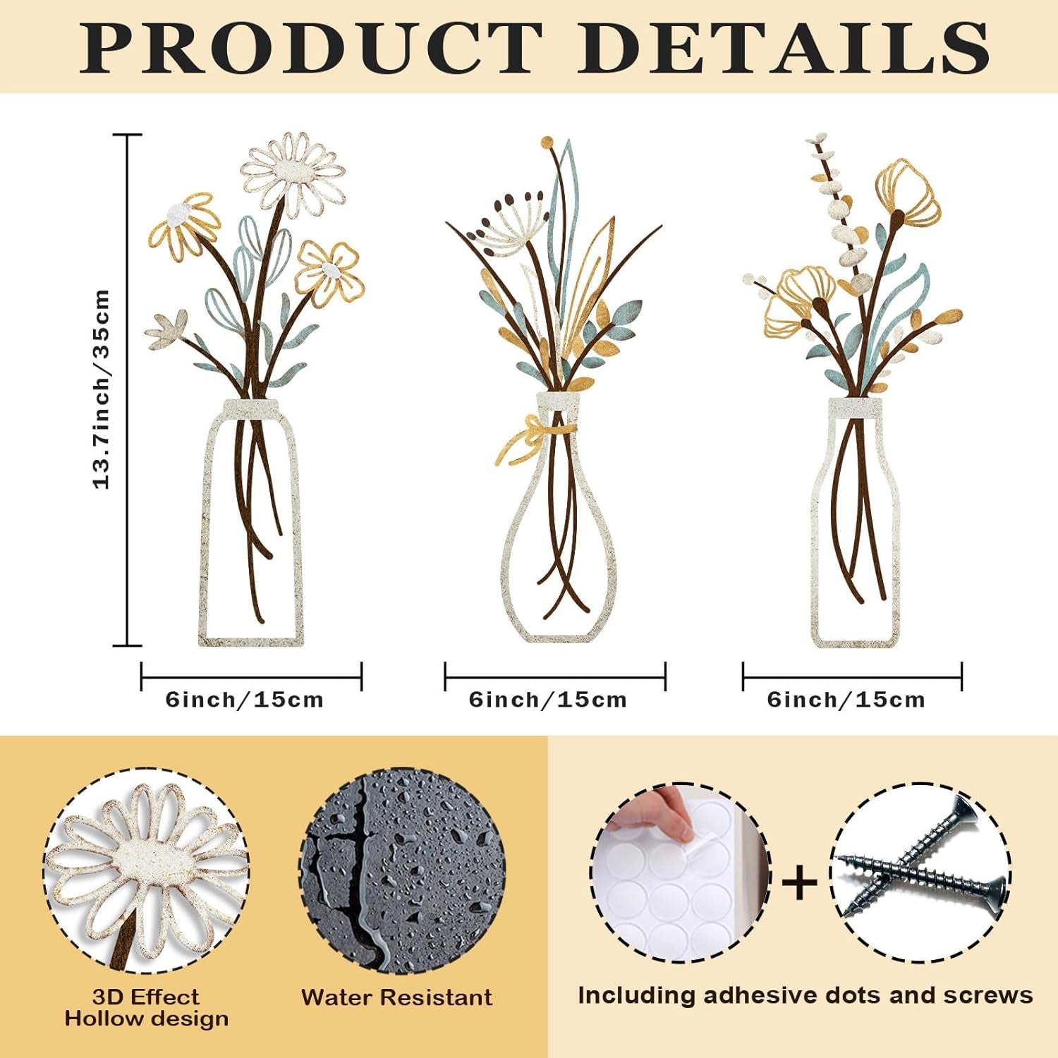 3 Pieces Metal Flowers Wall Art- Rustic Farmhouse Decor Minimalist Decor for Living Room Bathroom Bedroom Dining Room, Housewarming Gifts Christmas Decoration(Beige, Vase-C)