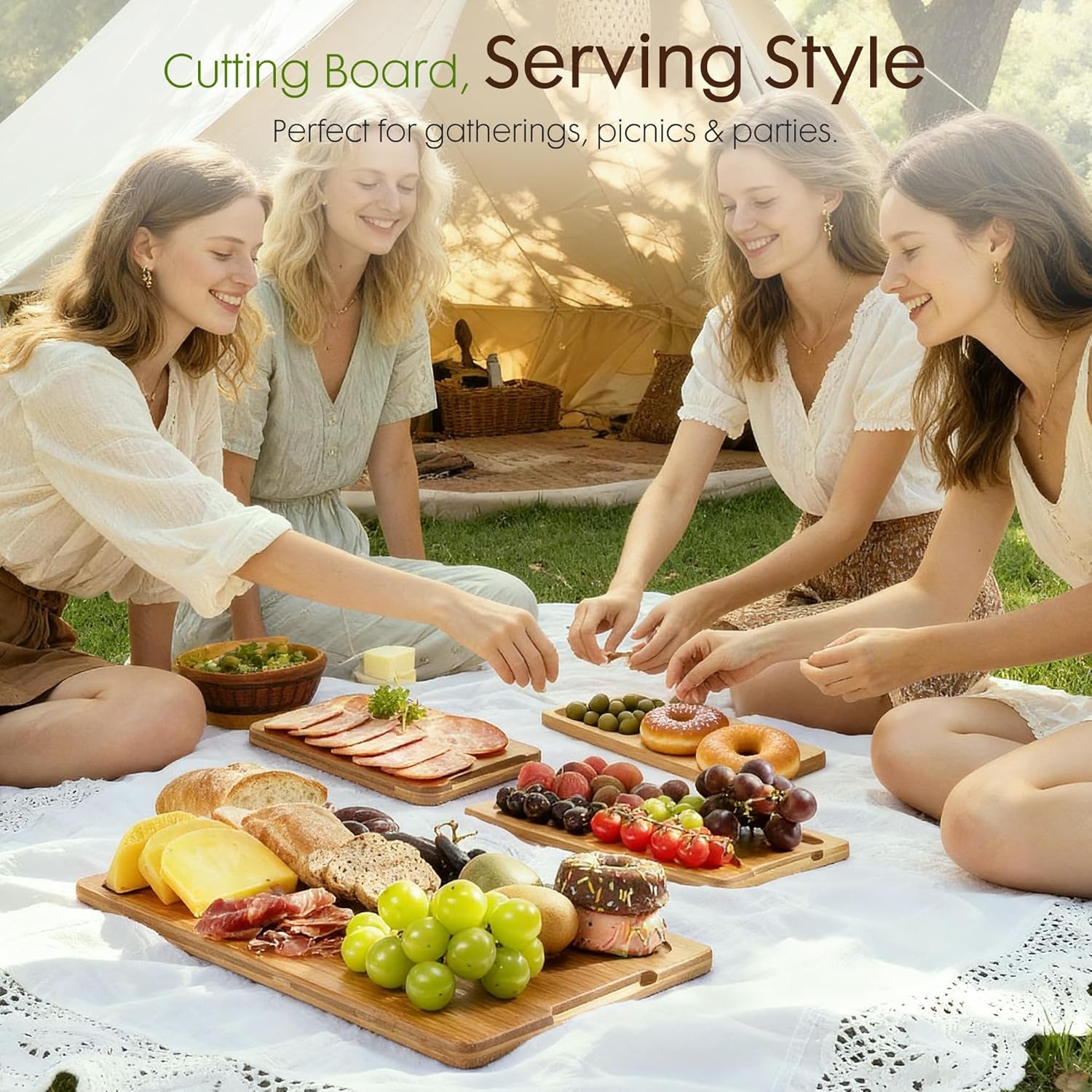 Deep-Carbonized Bamboo Cutting Boards for Kitchen with Wood Storage Stand, Reversible Charcuterie & Chopping Boards with Juice Grooves and Easy-Grip Handles, Mothers Day Gifts