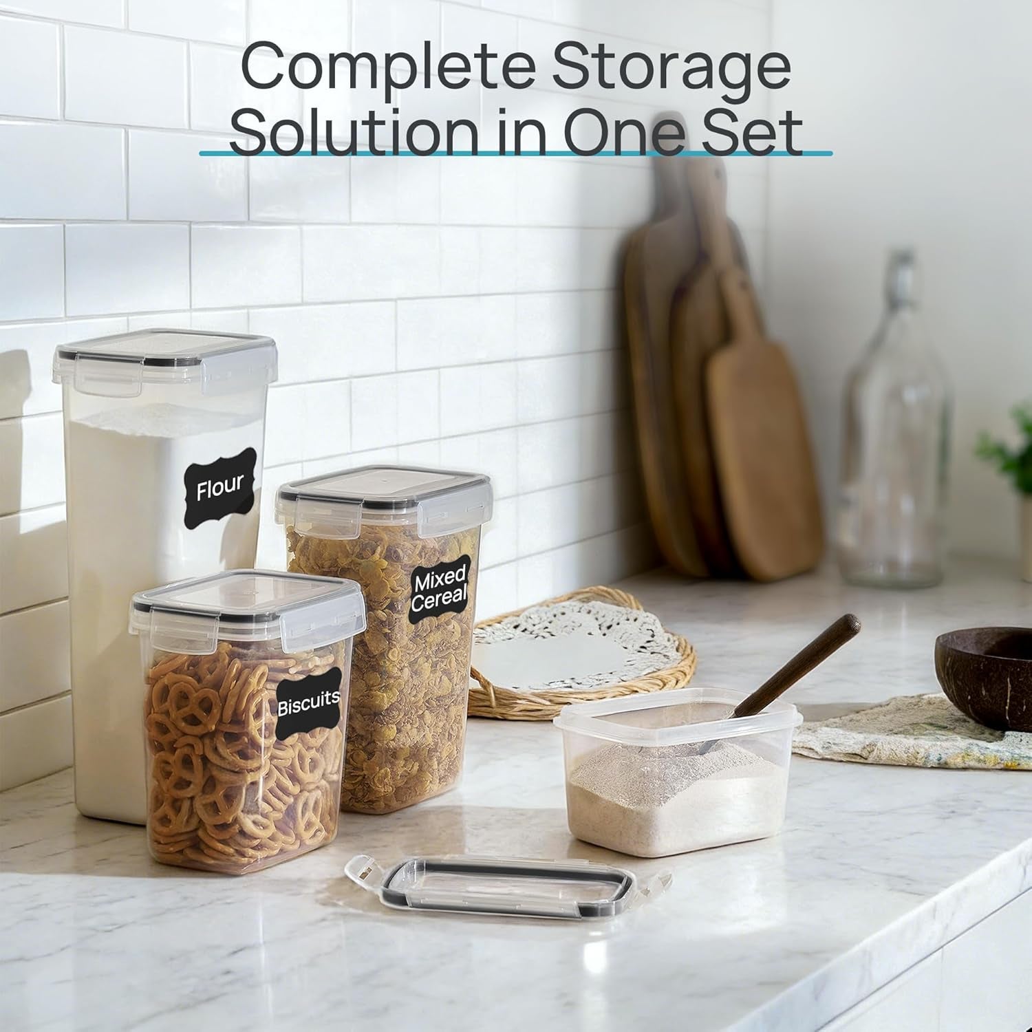 Airtight Food Storage Containers with Lids,  24 Pcs Plastic Kitchen and Pantry Organization Canisters for Cereal, Dry Food, Flour and Sugar, BPA Free, Includes 24 Labels，Black