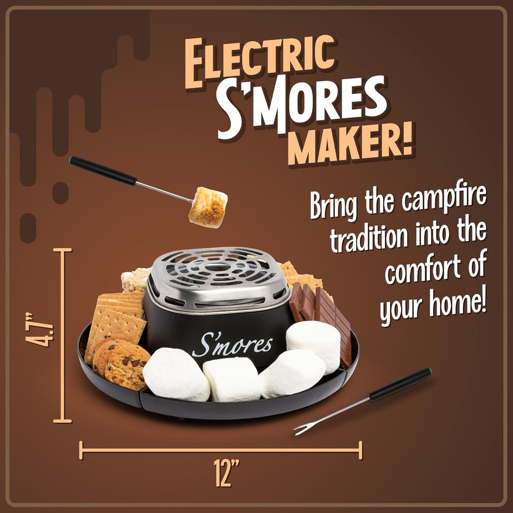 Tabletop Indoor Electric S'Mores Maker - Smores Kit with Marshmallow Roasting Sticks and 4 Trays for Graham Crackers, Chocolate, and Marshmallows - Movie Night Supplies - Black