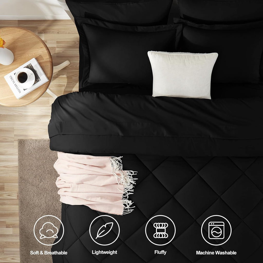 Queen Comforter Set Black - Bed in a Bag Queen Size 7 Pieces, Luxury Soft Bed Set for All Seasons, Bedding Set with down Alternative Comforter, Sheets, Pillowcases & Shams