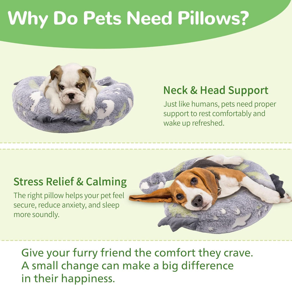 Dog Calming Pillow - Cute Soft Animal Pillow for Dogs, Cats, Kids, Adults, Washable Cozy Relaxing Pet Bed Pillow, Glow in the Dark Dog Neck Pillow (Grey, Large)