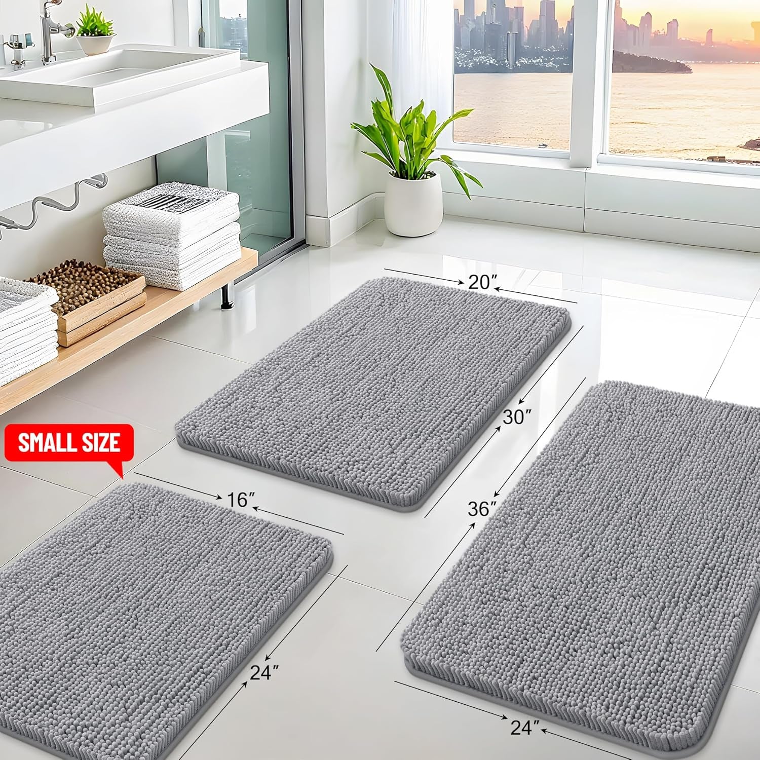 Bathroom Rugs 30X20, Extra Soft Absorbent Shaggy Chenille Bath Rugs, Machine Washable Rubber Backing Non-Slip Bath Mats for Bathroom Floor Tub and Shower, Home Decor Accessories, Grey