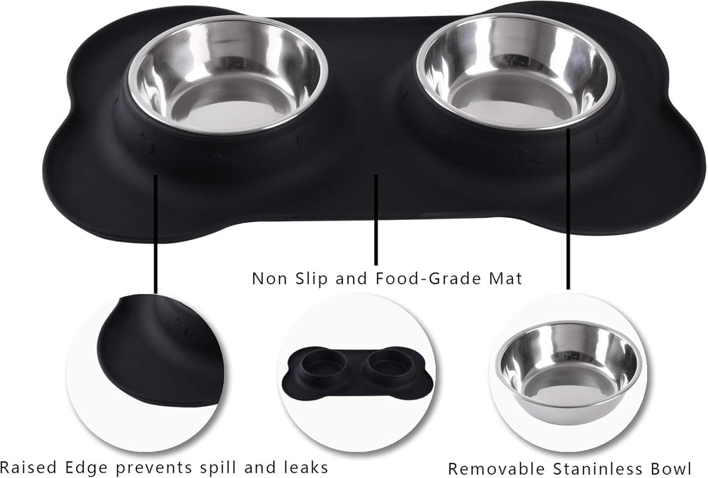 Pet Dog Bowls 2 Stainless Steel Dog Bowl with No Spill Non-Skid Silicone Mat + Pet Food Scoop Water and Food Feeder Bowls for Feeding Small Medium Large Dogs Cats Puppies (S, Black)